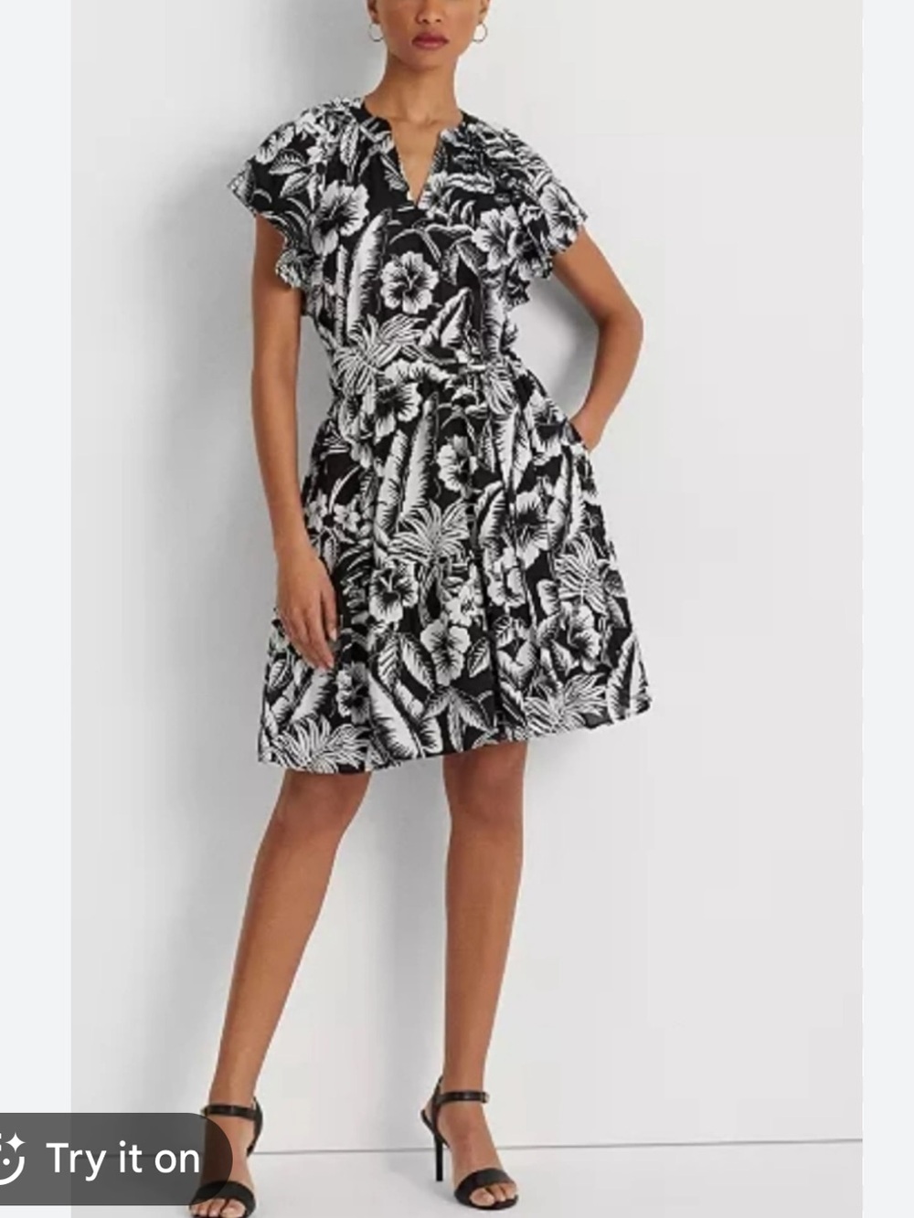 Ralph Lauren Black and White Floral Cotton Midi Dress
